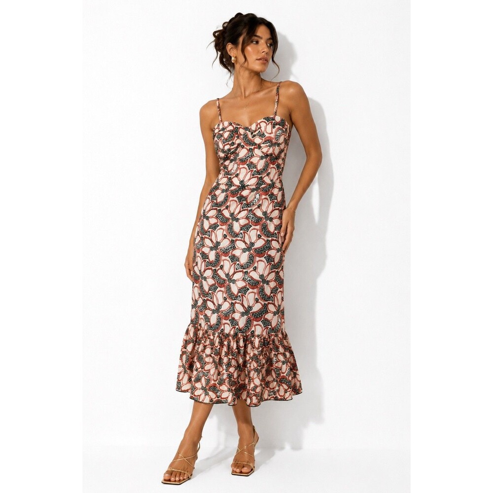 Embroidered Floral Bustier Tie-Back Ruffle Maxi Dress Cottagecore Boho